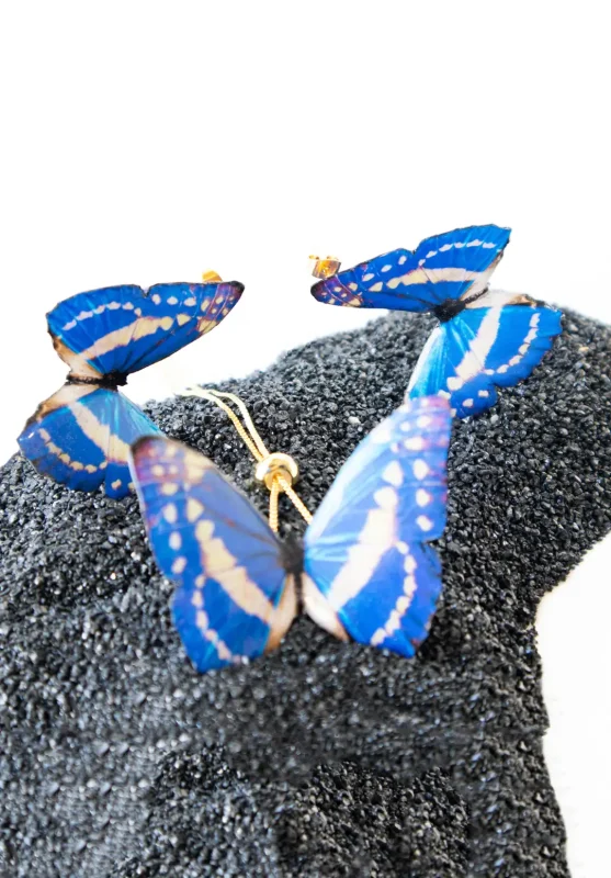 جزئیات نیم ست پروانه آبی آوان | گوشواره و دستبند استیل با بند کشویی