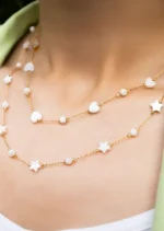 گردنبند قلب و ستاره مدل نگار. دو لایه با مهره های صدف گوی و قلب و گوی و ستاره