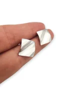 پایه گوشواره هندسی مربع نقره ای با حلقه اتصال مخفی