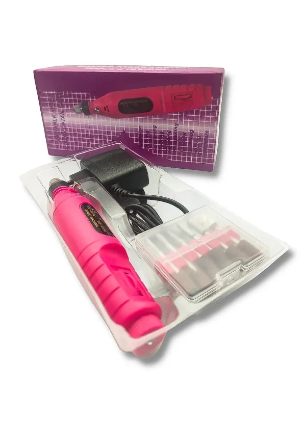 مینی سوهان برقی صورتی با آداپتور برق، سری‌ها و مته‌های متنوع مناسب پرداخت رزین، کارهای هنری، مانیکور و پدیکور