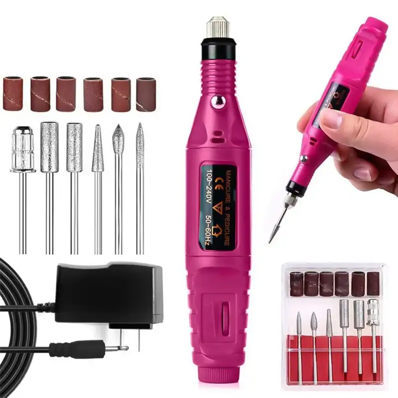 مینی سوهان برقی صورتی با آداپتور برق، سری‌ها و مته‌های متنوع مناسب پرداخت رزین، و کابل برق مناسب ایران